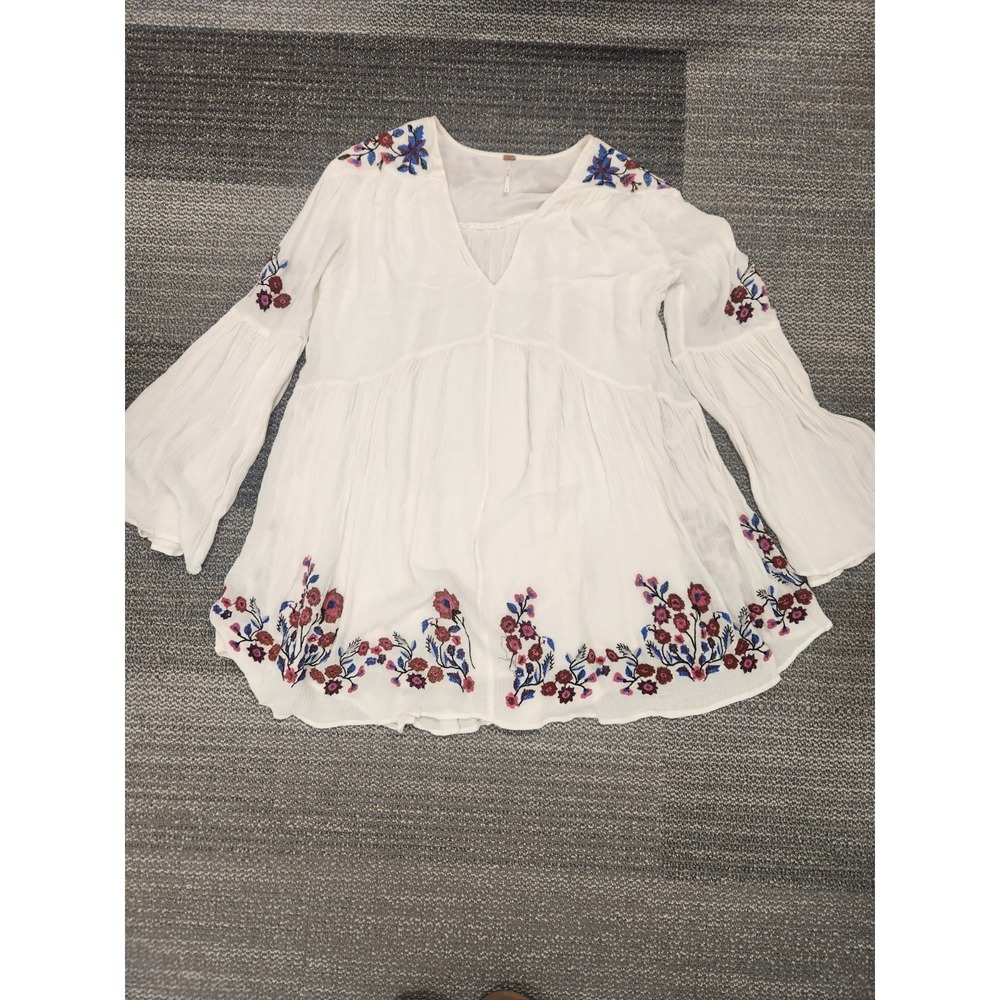 Free People Te Amo Floral Embroidered Mini‎ Dress V-Neck Sheer Lined Gauze Small